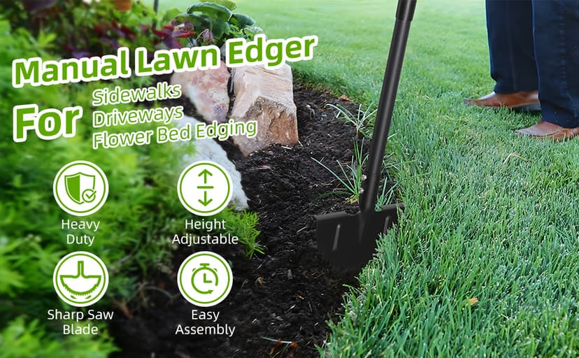 Lawn Edger, 42 Inch Half Moon Manual Edger Lawn Tool, Heavy Duty Saw Tooth Driveway Sidewalk Flower Bed Landscaping Grass Step Edging Tool, T-Grip, Long Handle