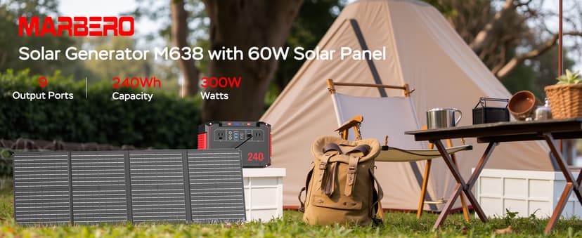 MARBERO Solar Generator 240Wh 300W Portable Power Station with Solar Panel 60W Included Backup Lithium Battery with AC Outlets for Camping Home Outdoor Emergency Hiking Travel