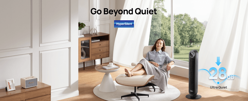 Dreo Tower Fan for Bedroom, 25ft/s Velocity 28dB Quiet Floor Fan, 90° Oscillating Fans for Indoors with 4 Speeds, 4 Modes, 8H Timer, Bladeless Standing Fan, Black, Nomad One (DR-HTF007)