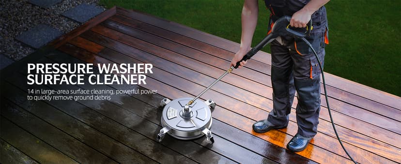 14" Pressure Washer Surface Cleaner 4500 PSI with 304 Industrial-Grade Stainless Steel Housing,1/4” Quick Plug, 4 Universal Wheels, 2 x 15 Extended Wands, 2 Replacement Nozzles, 4 Spray Nozzle Tips