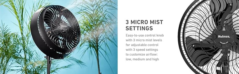 HOLMES 16" Outdoor Misting Stand Fan, Hose Connection, 3 Speeds, 3 Micro-Mist Levels, 80° Oscillation, Adjustable Height, 25° Head Tilt, GFCI Plug, Black