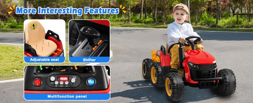 24V Ride On Tractor w/Tiltable & Detachable Trailer, 2x65W Motors, EVA Tires, Remote Control, Bluetooth, Shifter, Music, Electric Car for Kids Ages 2-5, Red