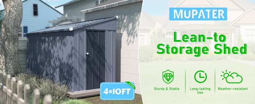 MUPATER 4×10 FT Storage Shed for Outdoor,Lean-to Shed Kit with Thickened Galvanized Steel, Metal Tools Shed with Lockable Door and Air Vents for Patio Garden, Grey
