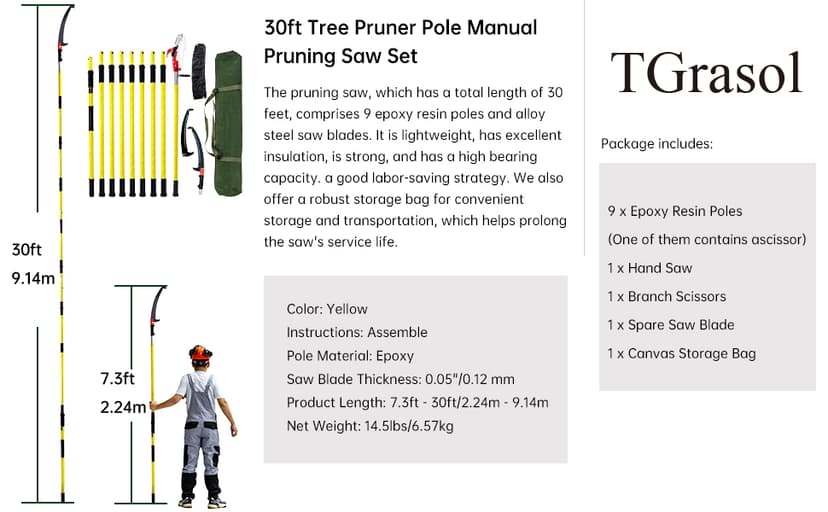 30 FT Manual Pole Saw for Tree Trimming, Extendable Tree Pruner with Sharp Steel Blade and Scissors for High Branches, Sturdy Design Ideal for Pruning Palms and Shrubs