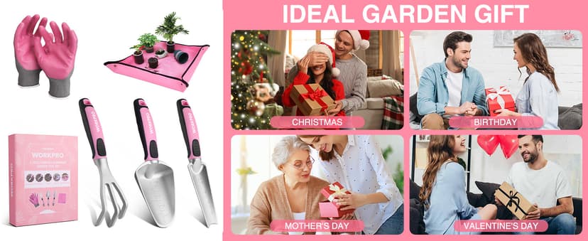WORKPRO 5PCS Garden Tool Set, Powder Coating Compact Aluminum Gardening Tool Set with Repotting Mat, Outdoor Garden Hand Tools, Ideal Gardening Gift, Pink