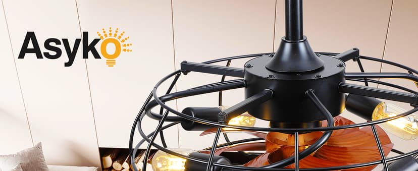 Asyko Caged Ceiling Fans with Lights - Black Outdoor Ceiling Fan with Remote and Reversible Fan Blades, Bladeless Low Profile Fan Light Fixtures for Indoor, Patios, Farmhouse(E26 Bulbs Not Included)