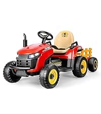 24V Ride On Tractor w/Tiltable & Detachable Trailer, 2x65W Motors, EVA Tires, Remote Control, Bluetooth, Shifter, Music, Electric Car for Kids Ages 2-5, Red