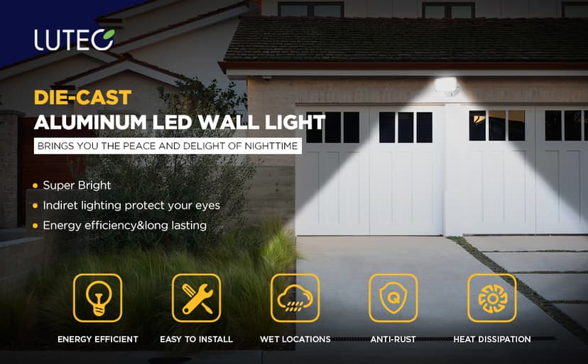 LUTEC 2 Packs 14W LED Flood Light Outdoor, 1300LM 5000K Single-Head Floodlight, Waterproof Exterior Security Fixture Wall Light for House Patio Garden Yard