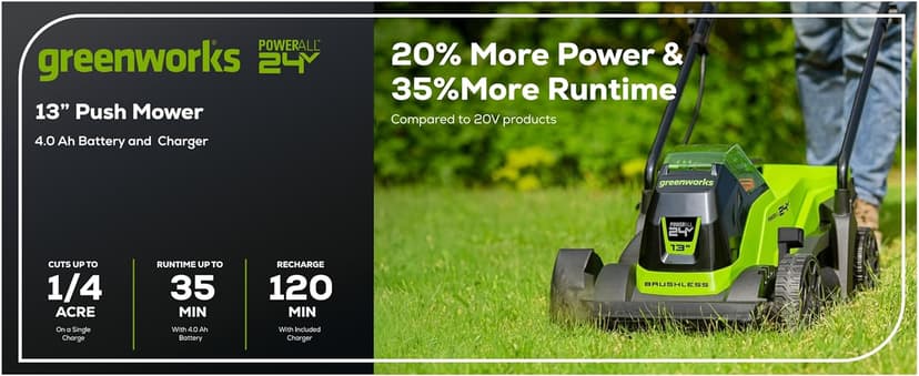 Greenworks 24V 13" Brushless Cordless (Push) Lawn Mower, 4.0Ah Battery and Charger Included