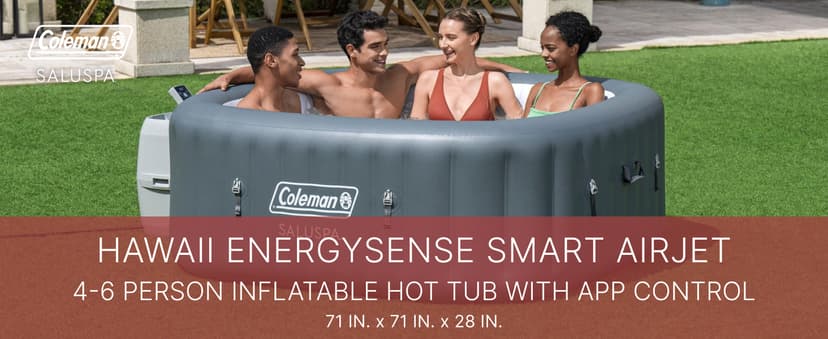 Coleman Hawaii AirJet Large Square 4 to 6 Person Inflatable Hot Tub Portable Outdoor Spa with 140 AirJets and EnergySense Cover, Grey