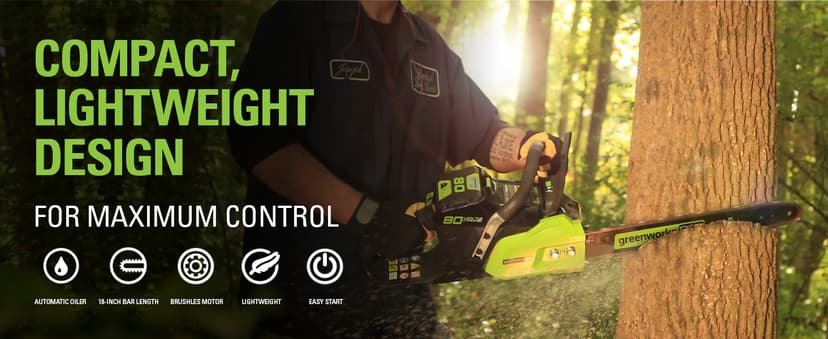 Greenworks 80V 18" Brushless Cordless Chainsaw (Great for Tree Felling, Limbing, Pruning, and Firewood) / 75+ Compatible Tools), Tool Only, Black & Green