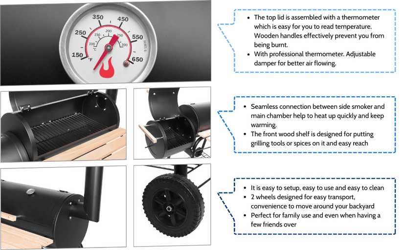 Outvita Charcoal Grill and Offset Smoker, Outdoor Patio Barbecue Cooker with Wheels, Portable Backyard BBQ Oven with Side Fire Box for Camping, Picnic, Party