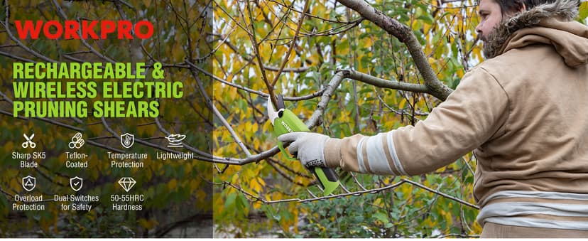 WORKPRO 7.2V Electric Pruning Shears, Battery Powered Pruning Shears, Cordless Tree Pruner, 0.8 Inch Cutting Diameter, Branch Cutter Gardening Scissors with Rechargeable Battery