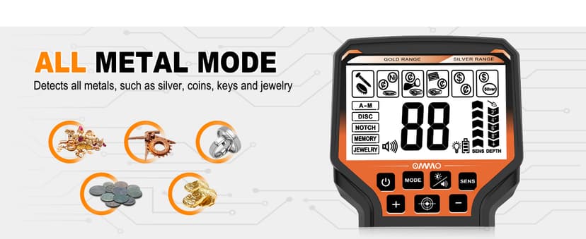 OMMO Metal Detector for Adults & Kids, 10" IP68 Waterproof Gold Detector with 6 Modes, Adjustable Stem & Headphones - 1800mAh USB C Rechargeable for Beach, Parks & Underwater Treasure Hunting