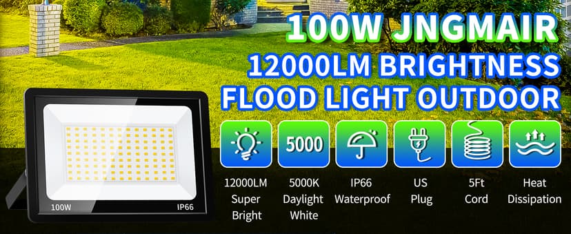 2 Pack 100W Led Flood Lights Outdoor, 12000LM Super Bright Floodlight Backyard Security Lights with 5FT Plug, IP66 Waterproof Work Light, 5000K Daylight White Flood Outdoor Lights for House, Patio