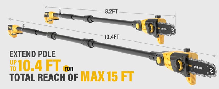 Pole Saw, 8-Inch Pole Saw for Tree Trimming Cordless 15-FT Max Reach, Auto Oiling, Tool-Less Electric Pole Saw, Tree Trimmer with Battery & Fast Charger