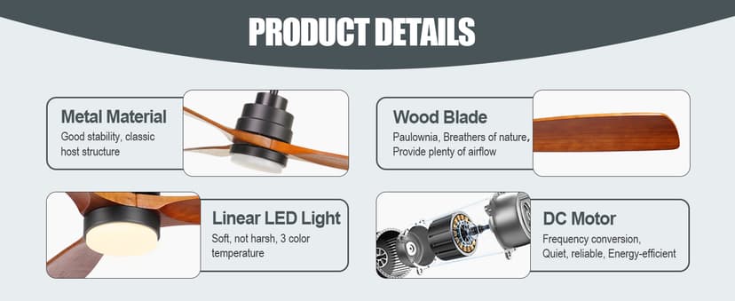 Wood Ceiling Fan with Light,Energy Saving,Ultra-Quiet DC Motor,3 Blades,6 Speed,Outdoor/Indoor Ceiling Fan for Patio,Deck,Porch,Bedroom,Living Room,Brown Walnut