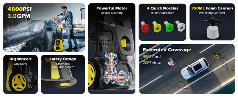 Electric Pressure Washer 4800 PSI 3.0 GPM High Power Washer with 4 Nozzles, 35FT Power Cord, Cleaning Machine with Foam Cannon for Cars Fences Driveways Patios Home Cleaning