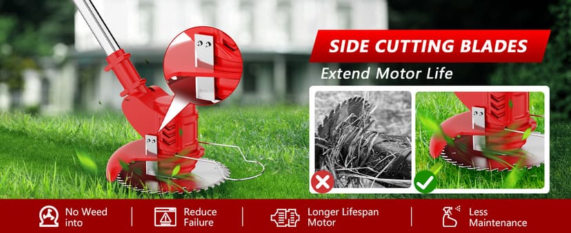 Electric Weed Wacker Cordless with Wheels,21V 2×2000mAh Weed Eater Battery Powered, 6-inch Cordless String Trimmer with 3 Types of Blades, Electric Grass Trimmer,Lawn Edger, Mower for Yard,Garden