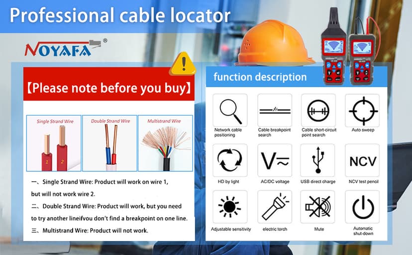 NOYAFA NF-826 Underground Cable Tester Locator Circuit Tracer Metal Pipe Detector Wire Tracker Tool Detects Wall\Underground Wires, Cables, Water and Gas Pipeline Paths