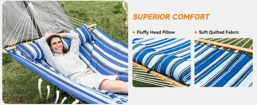 Double Hammock with Stand, 2 Person Cotton Rope Hammock with Removable Polyester Pad, 500LBS Capacity, Portable & Adjustable Design, Includes Storage Bag, Indoor Outdoor Use,White-Gray