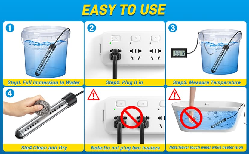2000W Immersion Water Heater, Portable Water Heater Electric with Real-Time LCD Thermometer Control, with 304 SS Guard Fast Heats up 5 gallons Water in Minutes for Bucket, Basin, Bathtub, Small Pool