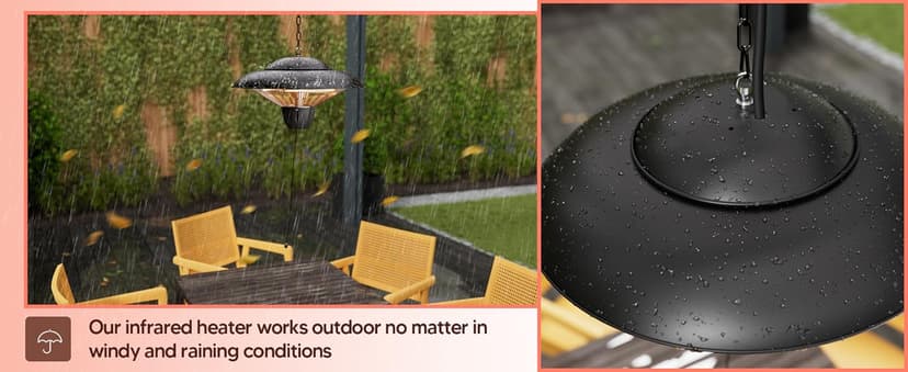 Outdoor Patio Heater, 1500W Electric Hanging Ceiling Mounted Heater for Balcony, Infrared Heater for Courtyard, Garage, Overheat Tip-Over Protection, Waterproof, Adjustable Height, Black