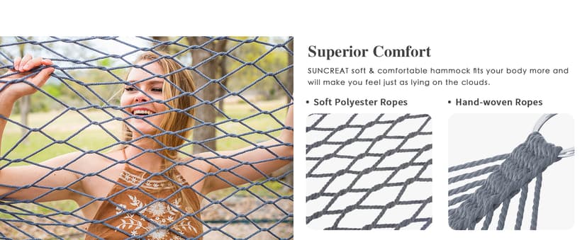 SUNCREAT Double Outdoor Hammock, Polyester Rope Hammock with Strong Spreader bar, Gray