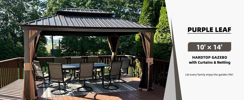 PURPLE LEAF 10' x 14' Hardtop Gazebo with Curtains and Netting for Hot Tub Heavy Duty Deck Beach Pool Backyard Outdoor Canopy Tent Sun Shade Metal Roof Patio Permanent Pavilion
