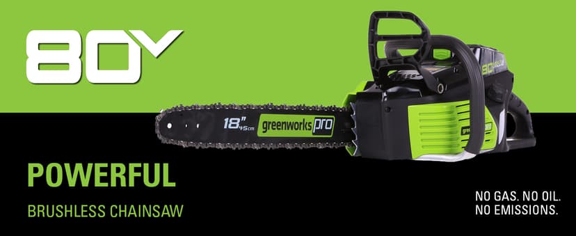 Greenworks 80V 18" Brushless Cordless Chainsaw (Great for Tree Felling, Limbing, Pruning, and Firewood) / 75+ Compatible Tools), Tool Only, Black & Green