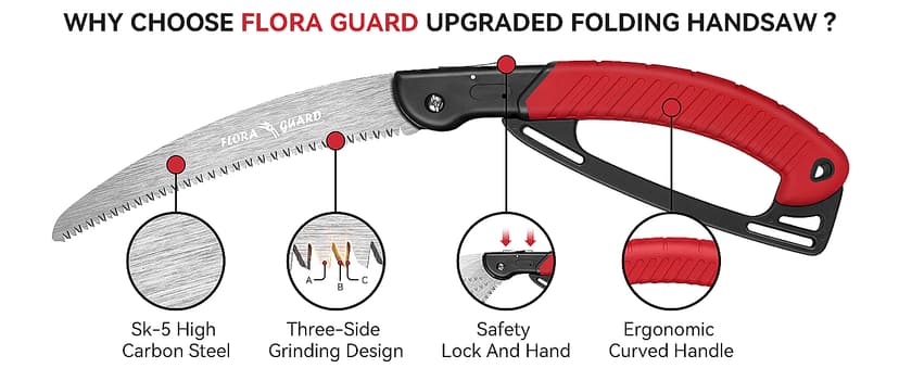 FLORA GUARD 10-Inch Folding Hand Saw, Heavy Duty Pruning Saw with Multi-Level Razer Teeth for Wood Cutting, Tree Trimming, Professional Camping Gardening Tools