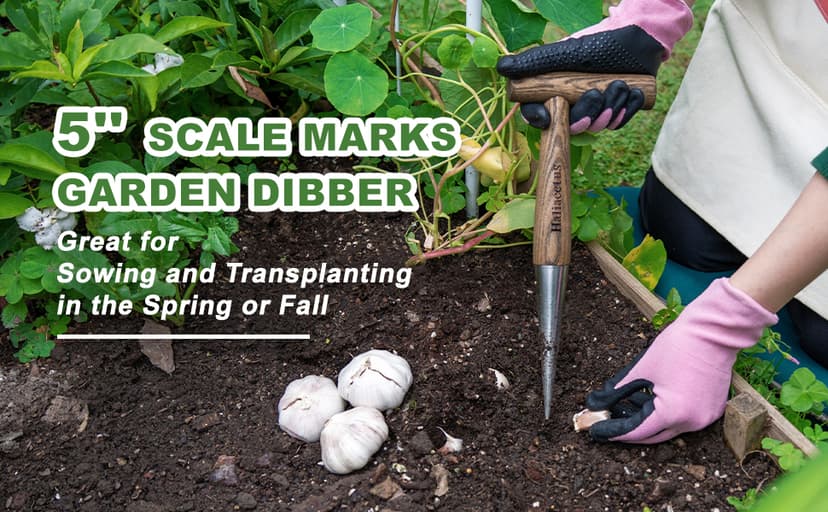 2024 New Upgrade Hand Dibber with 5 inches Measuring Scale, Easy to Grip L-Shaped Wood Handle Dibbler, Stamped Stainless Steel Tip Seed Dibber, 11.3'' Dibber for Sowing Seeds and Planting Seedlings