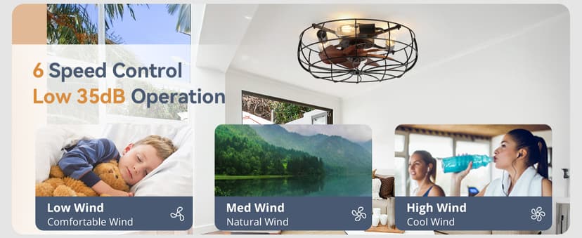 LEDIARY 20" Caged Ceiling Fans with Lights and Remote, Flush Mount Bladeless Ceiling Fan Low Profile, Small Farmhouse Industrial Enclosed Ceiling Fan with Light for Bedroom, Kitchen, Indoor