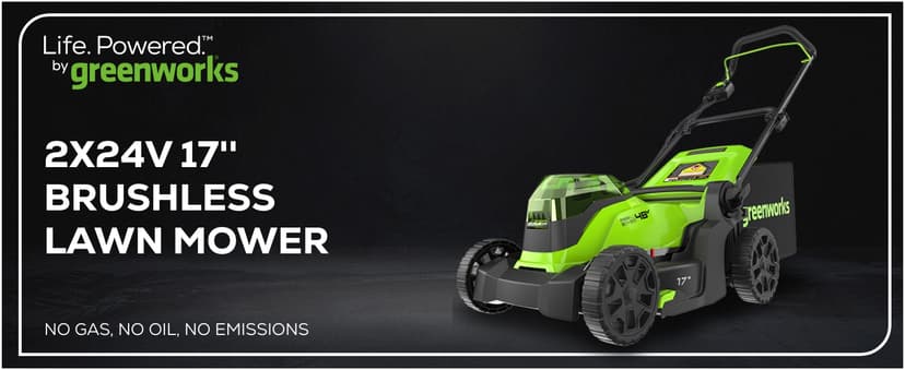 Greenworks 48V (2 x 24V) 17" Brushless Cordless (Push) Lawn Mower, (2) 4.0Ah Batteries and Dual Port Rapid Charger Included