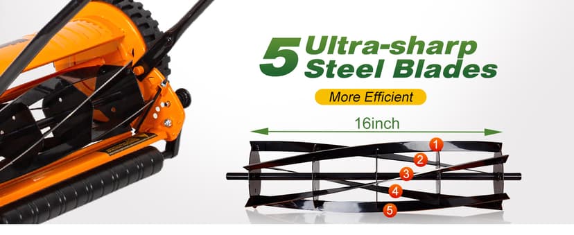 Walensee 16-Inch 5-Blade Push Reel Lawn Mower, Cordless Manual Reel Lawn Mower Walk-Behind Steel Lawn Mowers with Removable 7.9-Gallon Grass Catcher, Sponge Grip, 4-Position Cutting Height Adjustment