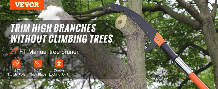 VEVOR Manual Pole Saw, 7.3-27 ft Extendable Tree Pruner, Sharp Steel Blade High Branches Trimming, Manual Branch Trimmer with Lightweight 8 Fiberglass Handles, for Pruning Palms and Shrubs