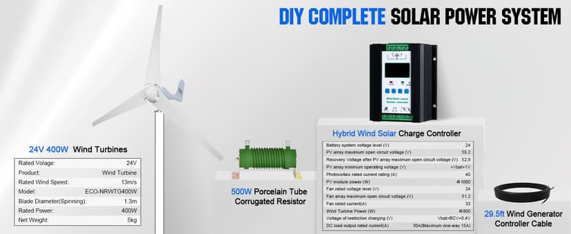ECO-WORTHY 1000W 4KWH Solar Wind Power Kit: 400W Wind Turbine + 6pcs 100W Solar Panel + 2pcs 12V 100Ah Lithium Battery + 24V 3000W Inverter for Home/RV/Boat/Farm/Street Light and Off-Grid Appliances