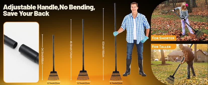 Small Garden Rake for Leaves,11 Tines Heavy Duty Metal Yard Hand Rake with 63in Long Adjustable Handle, Ideal Leaf Scoops Garden Tool for Gathering Leaves, Shrub,Poop, Leveling Grass,Flower Beds,Yards