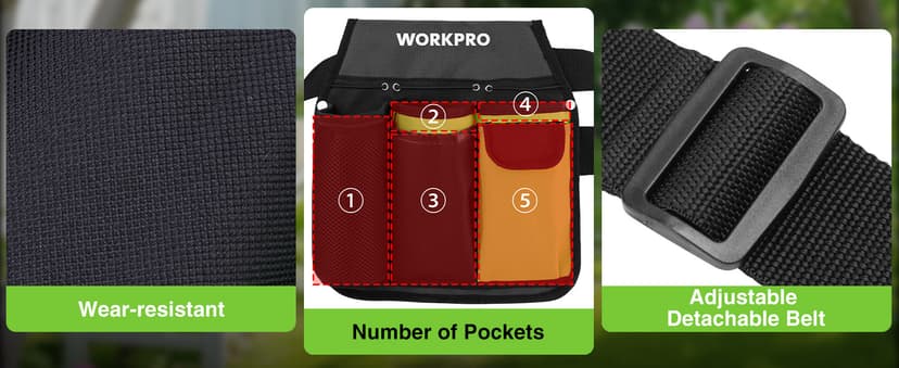 WORKPRO 2-Piece Pruning Shears and Garden Tool Belt Set, Gardening Belt with 5 Pockets and Adjustable Waist Belt, 8" Bypass Garden Shears and 8'' Handing Pruner with Steel Straight Blade
