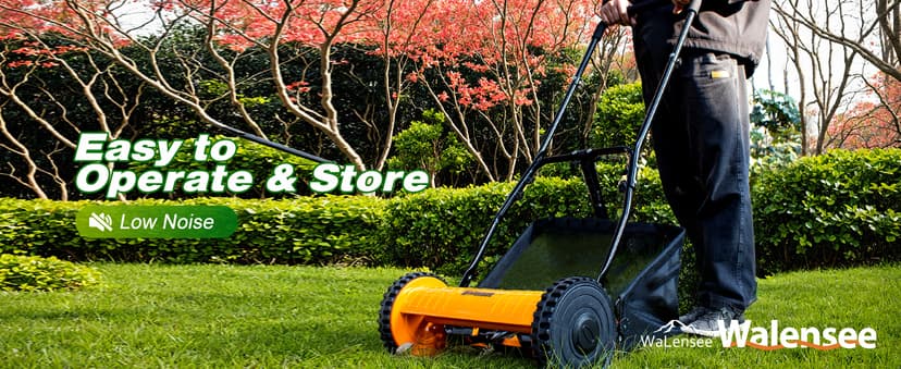 Walensee 16-Inch 5-Blade Push Reel Lawn Mower, Cordless Manual Reel Lawn Mower Walk-Behind Steel Lawn Mowers with Removable 7.9-Gallon Grass Catcher, Sponge Grip, 4-Position Cutting Height Adjustment
