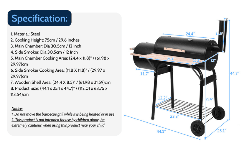 Outvita Charcoal Grill and Offset Smoker, Outdoor Patio Barbecue Cooker with Wheels, Portable Backyard BBQ Oven with Side Fire Box for Camping, Picnic, Party