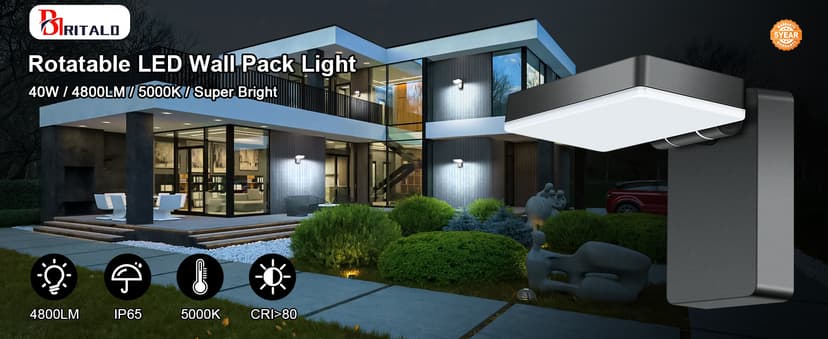 40W LED Wall Lights Outdoor Rotatable 360 Degree LED Wall Pack 4000LM 5000K Security Flood Light Switch Control Waterproof IP65 for Garage Yard Barn Porch