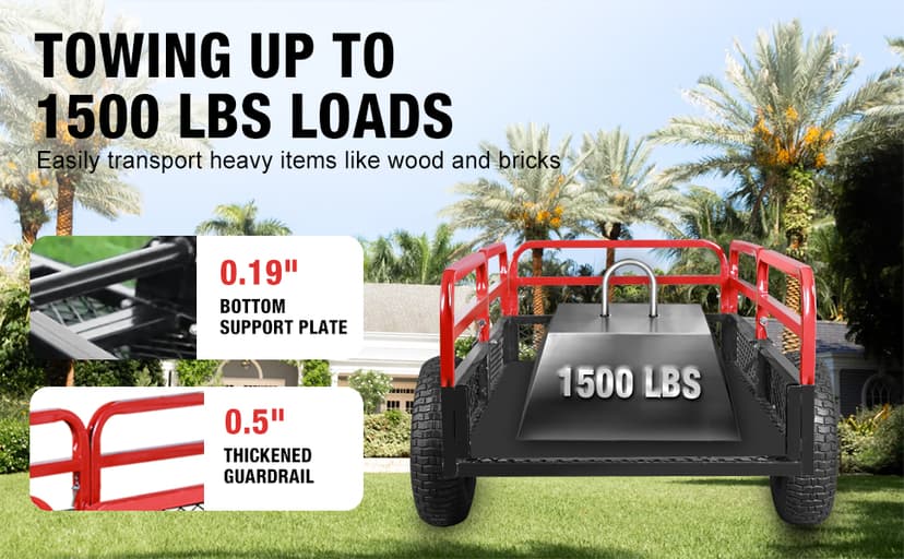 BIG RED Heavy Duty ATV Trailer Steel Dump Cart: Yard Garden Trailer for Lawn Mower, Tractor, Garden Waste - 1,500lbs, 15 cu.ft Capacity