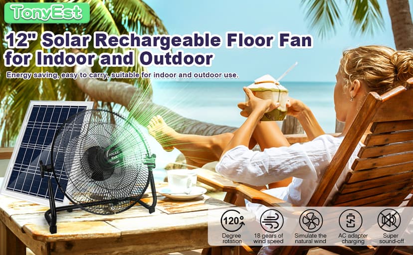 12'' Solar Powered Fan with 20W Solar Panel, Portable Battery Operated Cordless Outdoor Fan for Camping, Home, Patio, Worksite - Stepless Speed, Metal Construction and Aluminum Blades