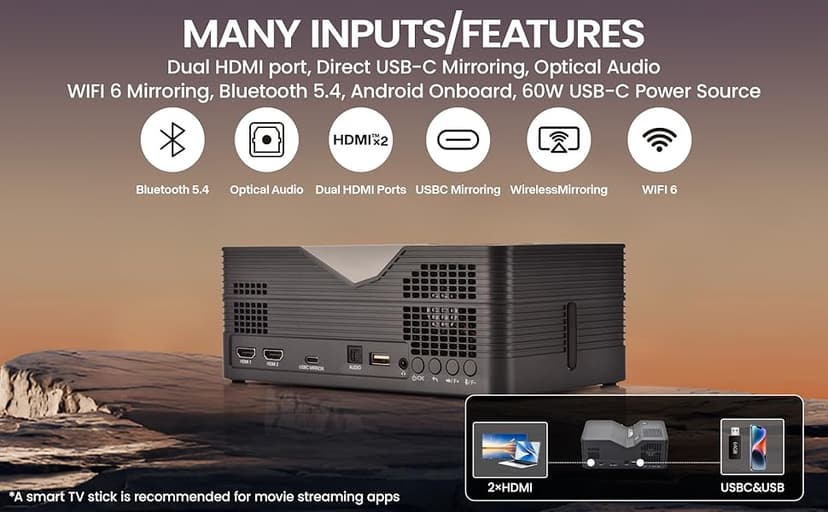 AAXA M8 UST Ultra Short Throw 4K Laser Projector 1100 LD Lumens, BT 5.4, WiFi 6, USBC Mirroring, 2xHDMI, Optical Audio, Efocus, Auto Keystone, Smart Technology