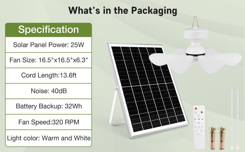 Solar Ceiling Fan Kit, 25W Solar Powered Rechargeable Ceiling Fan with Light for Outdoor Gazebo Canopy Tent, with 32Wh/10000mAh Battery Backup, Remote Control