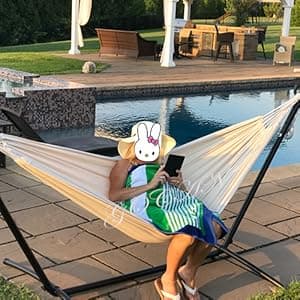 Brazilian Double Hammock 2 Person 330X150cm Load 500Pound Cotton Hammock for Patio Porch Garden Backyard Lounging Outdoor and Indoor (Beige)