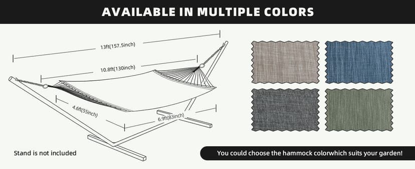 Patio Watcher 13 FT Quick Dry Olefin Hammock - Outdoor Double Hammock with Metal Curved Spreader Bars - 450 lbs Capacity - Dark Grey