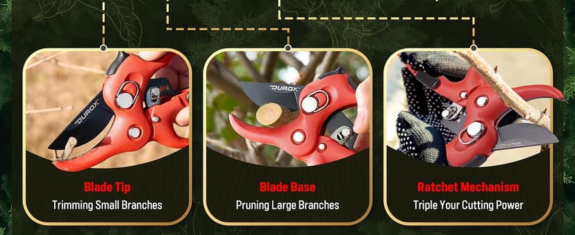 DUROX - Ratchet Pruning Shears, Garden Shears with 3x Cutting Power. Effort-Saving Heavy-Duty Anvil Pruners. Replaceable Blade Cutting Blade Design. Ideal Secateurs for Precise Trimming, Model DGR-01