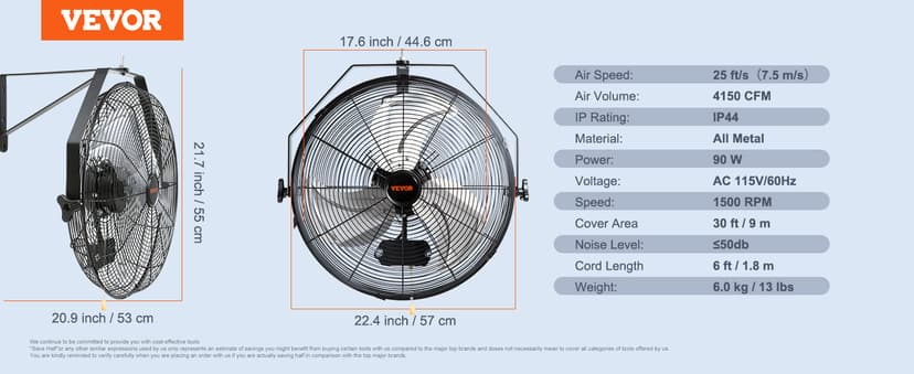 VEVOR 18 Inch Wall Mount Fan, 3-Speed IP44 Waterproof Industrial Fan, Max. 4150 CFM for Outdoor, Commercial, Residential, Greenhouse, Workshop, ETL Listed, 2-Pack
